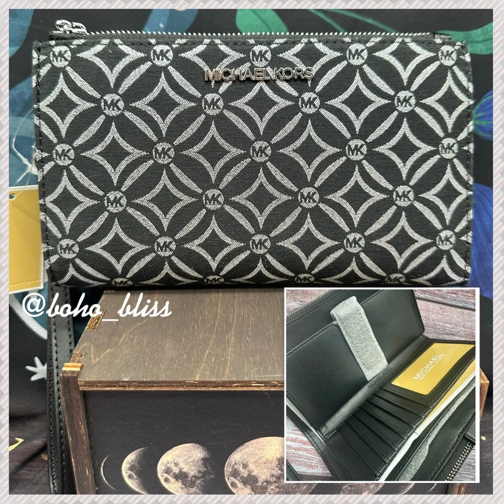 MICHAEL KORS | Large Double Zip Wristlet Wallet Black Silver NWT